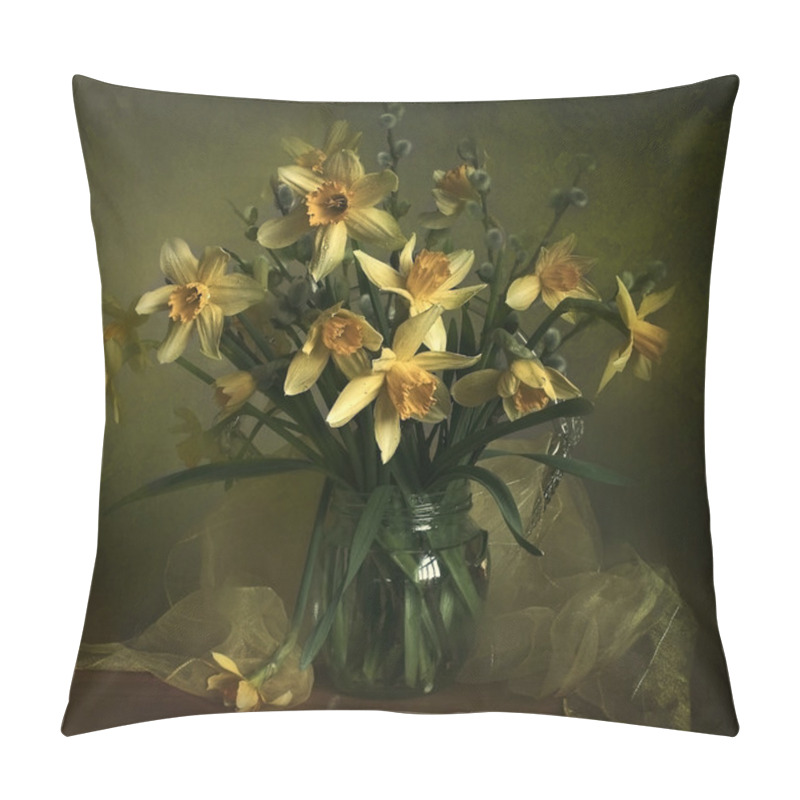 Personality  A Bouquet Of Spring Daffodils In A Glass Vase . Pillow Covers