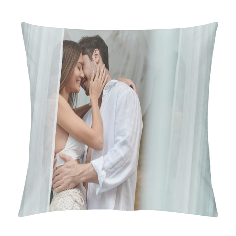 Personality  Happy Couple Before Kiss, Handsome Man Embracing Woman Near White Tulle Of Private Pavilion Pillow Covers