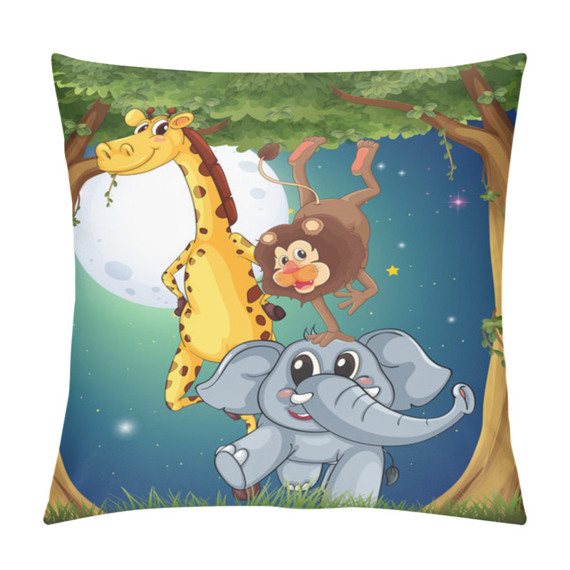 Personality  Three Playful Animals In The Forest Under The Bright Fullmoon Pillow Covers