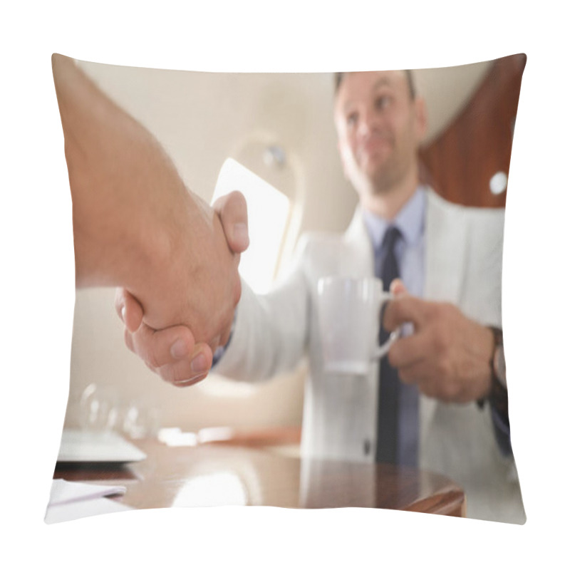 Personality  Young People Shaking Hands After Bargaining On Plane, Closeup. Business Deal Pillow Covers