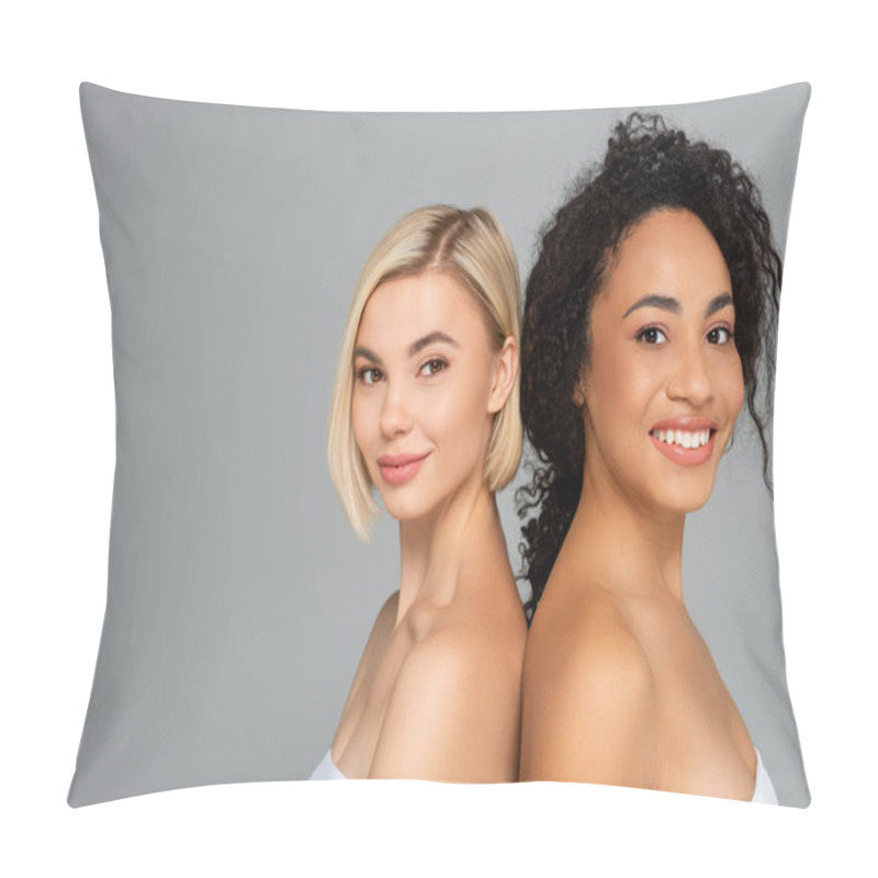 Personality  Young Multicultural Women Smiling At Camera Isolated On Grey  Pillow Covers