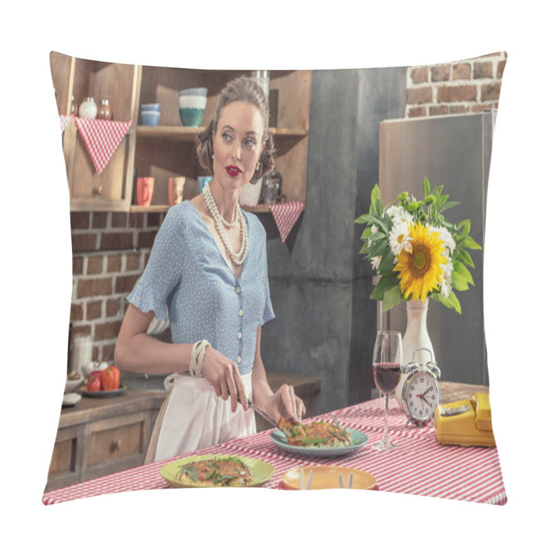 Personality  Beautiful Adult Housewife Cutting Fresh Mushroom Cake And Looking Away At Kitchen Pillow Covers