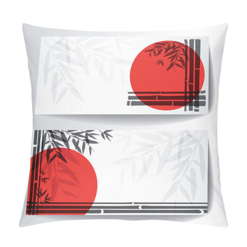 Personality  Banners With Bamboo Trees And Leaves With Red Sun On White Background.  Pillow Covers