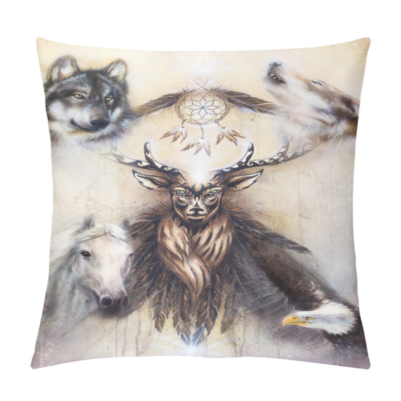 Personality  Sacred Ornamental Deer Spirit With Dream Catcher Symbol And Animals. Pillow Covers