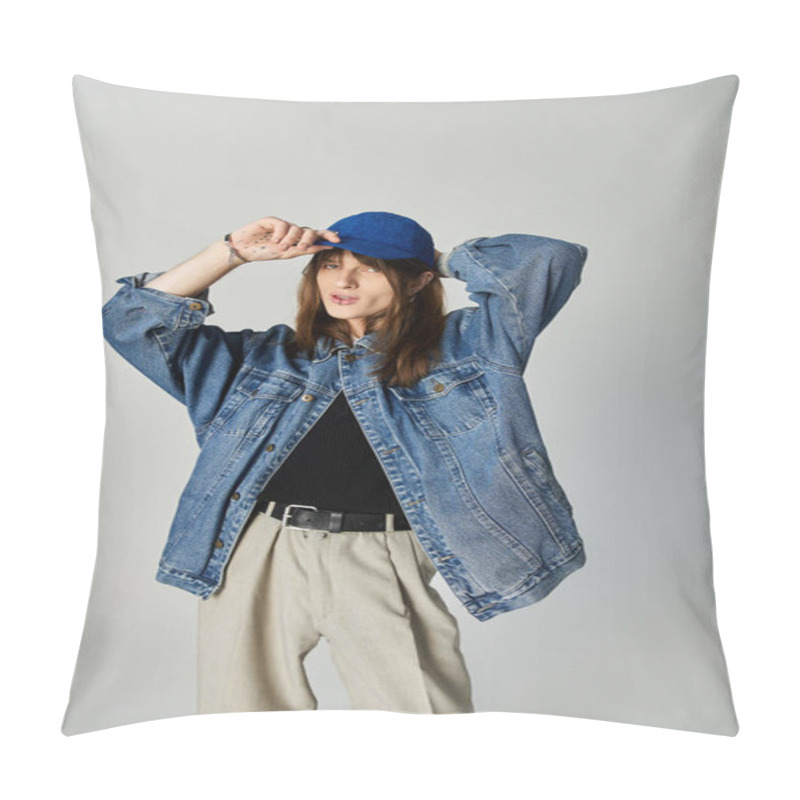 Personality  A Young Stylish Individual Poses Confidently In Fashionable Attire, Radiating Urban Charm. Pillow Covers