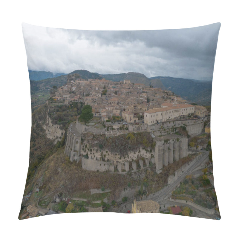 Personality  Gerace, Italy - 15 December, 2023: Drone Perspective Of The Picturesque Mountain Village Of Gerace In Calabria Pillow Covers