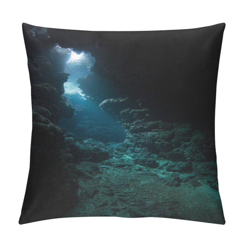 Personality  Sunlight Seeps Into A Dark, Underwater Cavern In The Tropical Pacific Ocean. Caves And Caverns Riddle Coral Reefs And Limestone Islands. Pillow Covers