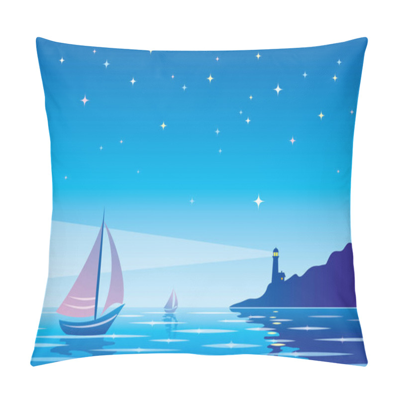 Personality  Vector Evening Seascape With Sailboat, Lighthouse And Clear Star Pillow Covers