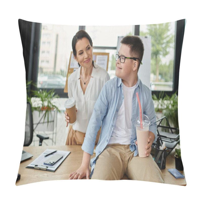 Personality  A Mother And Her Son With Down Syndrome Share A Moment Of Connection While Working In An Office. Pillow Covers