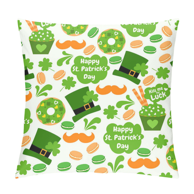 Personality  Sweet Seamless Pattern With Donuts, Hats, Clover, Mushrooms, Cupcakes, Hearts, Macaroons, Wafer Rolls. Kiss Me For Luck. Happy St. Patrick's Day. Holiday Background.  Pillow Covers