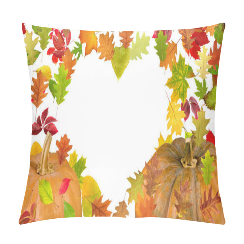 Personality  Pumpkins On A White Background. Heart Shaped Frame Of Autumn Leaves Pillow Covers