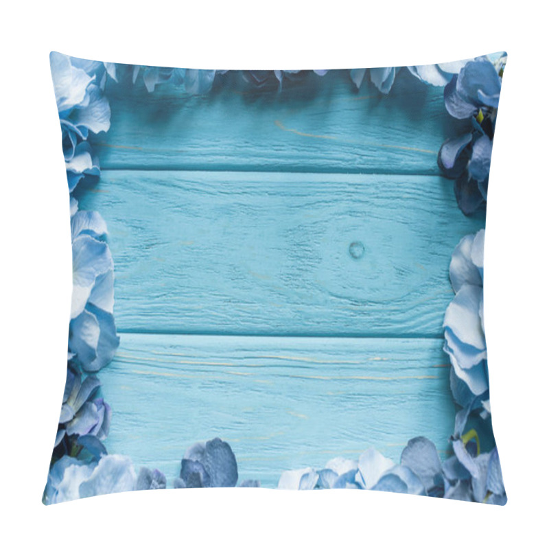 Personality  Top View Of Wooden Blue Background With Floral Frame Pillow Covers