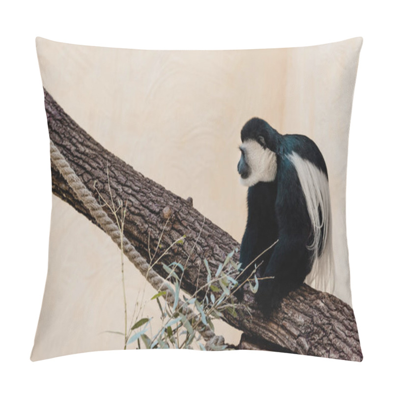 Personality  Selective Focus Of Cute Black And White Monkey Sitting On Tree  Pillow Covers