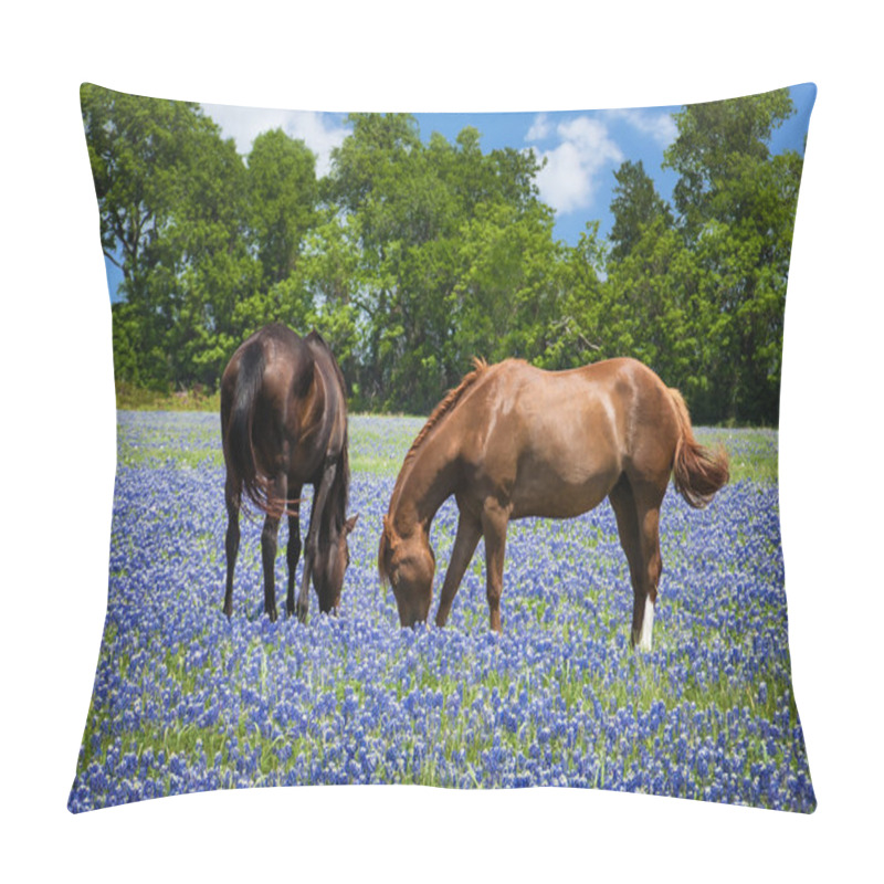 Personality  Horses Grazing In The Bluebonnet Pasture Pillow Covers