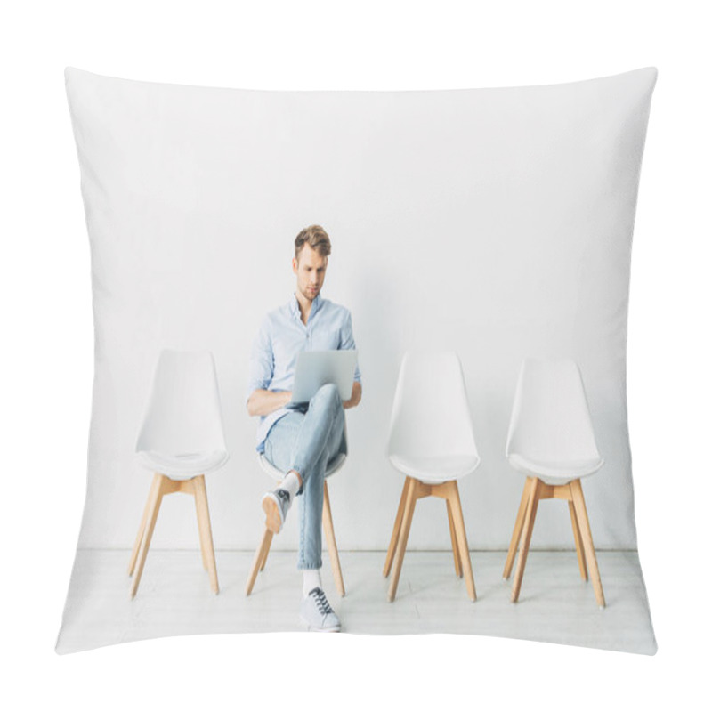 Personality  Handsome Employee Using Laptop On Chair In Office  Pillow Covers