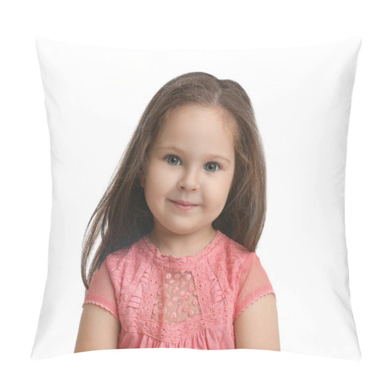 Personality  Portrait Of Cute Little Girl On White Background Pillow Covers