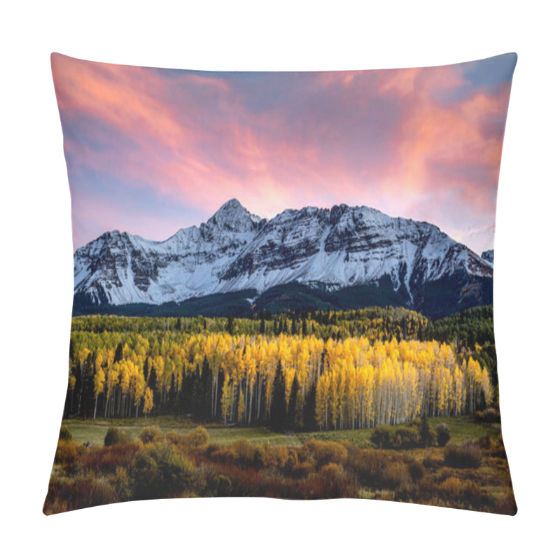 Personality  Dramatic Sunset With Pink And Orange Clouds Over Snow Covered Mount Wilson Near Telluride Colorado With Changing Yellow Aspen Trees In Foreground On Cool Fall Evening Pillow Covers