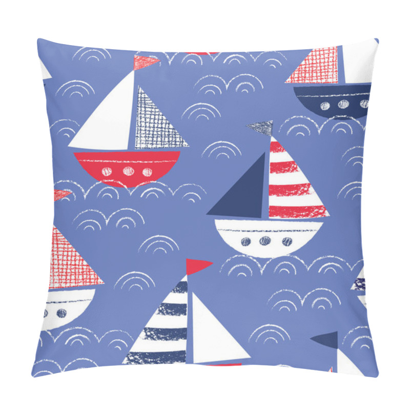 Personality  Whimsical Hand-Drawn With Crayons Ships In The Sea Vector Seamless Pattern. Cute Nautical Marine Background Pillow Covers