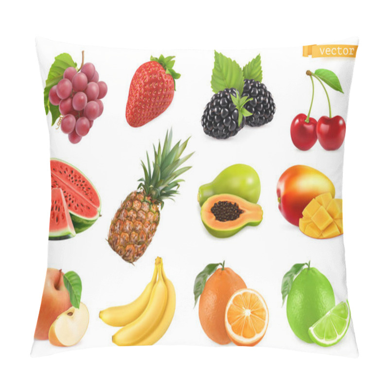 Personality  Sweet Fruits. Grapes, Strawberry, Blackberry, Cherry, Watermelon, Pineapple, Papaya, Mango, Apple, Banana, Orange, Lime. 3d Realistic Vector Objects Pillow Covers