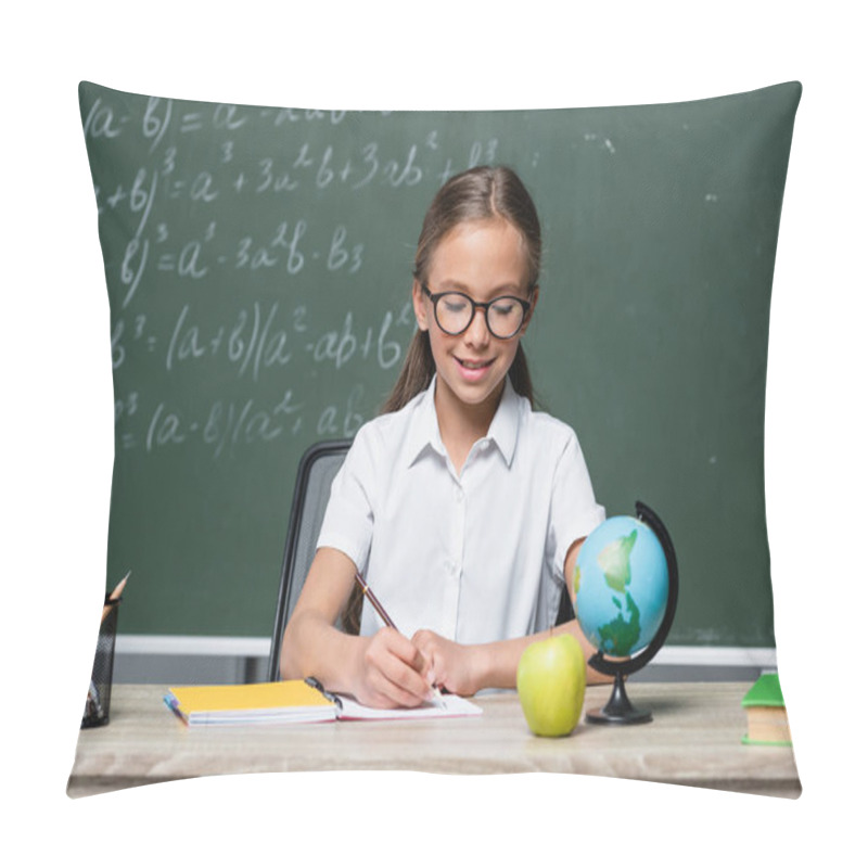 Personality  Smiling Schoolgirl In Eyeglasses Writing In Notebook Near Globe And Blurred Chalkboard Pillow Covers