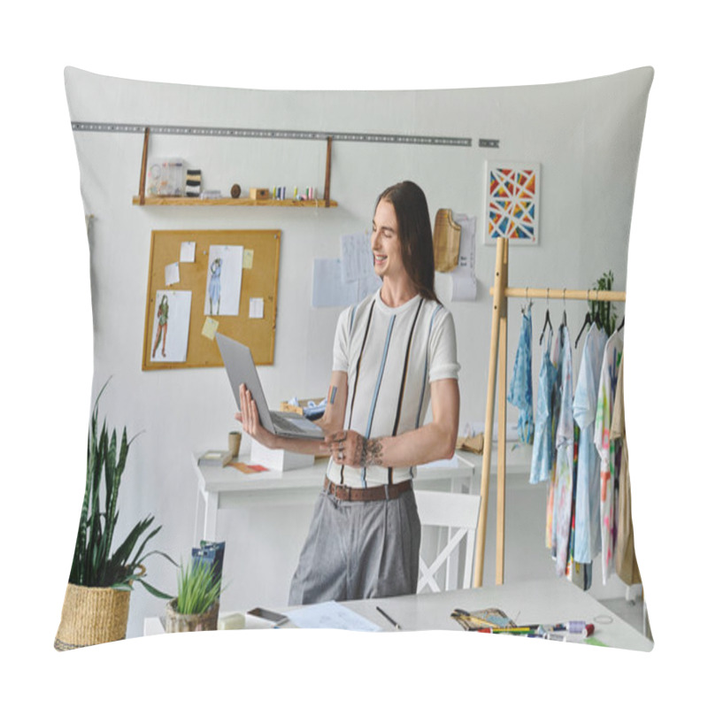 Personality  A Young Man Smiles As He Uses His Laptop In His Clothing Restoration Atelier. He Focuses On Giving New Life To Discarded Clothing And Promoting Sustainable Fashion Practices. Pillow Covers