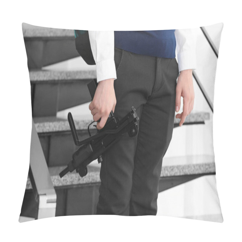 Personality  Schoolboy With Machine Gun Pillow Covers