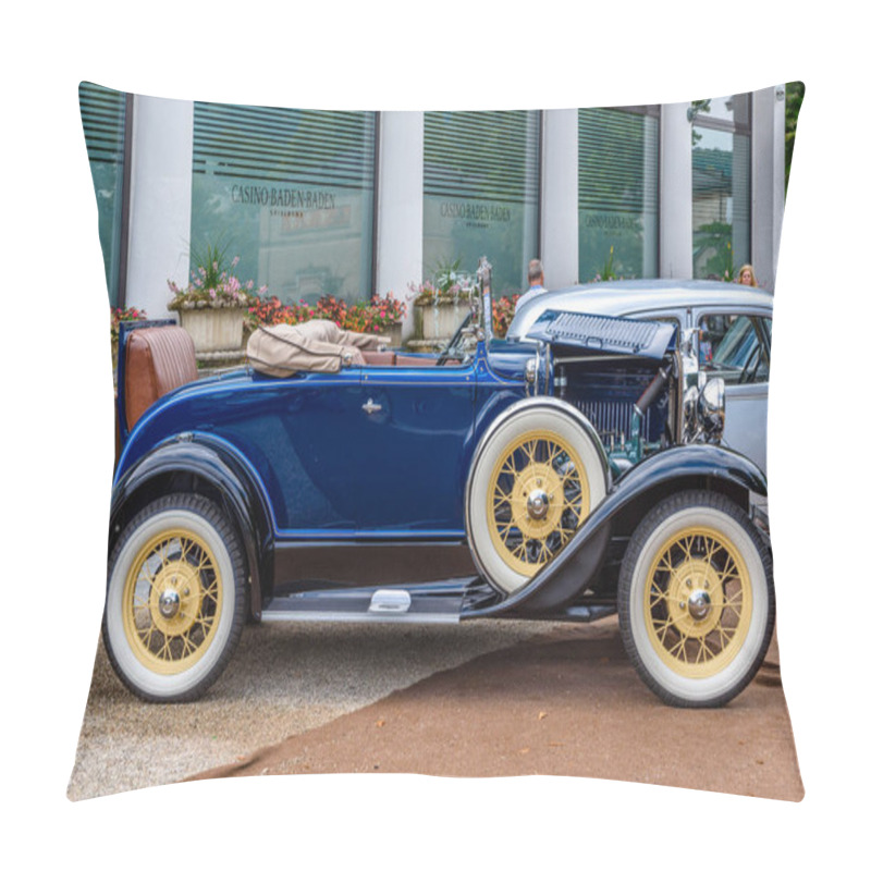 Personality  BADEN BADEN, GERMANY - JULY 2019: Dark Blue FORD MODEL A T 1927 Cabrio Roadster, Oldtimer Meeting In Kurpark Pillow Covers