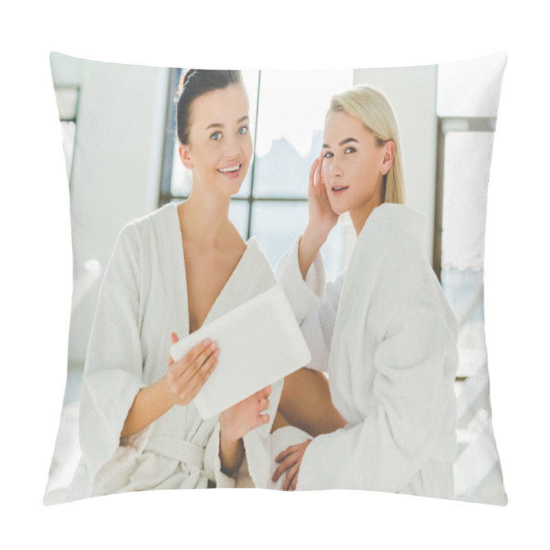 Personality  Beautiful Young Women Using Tablet At Spa Center Pillow Covers