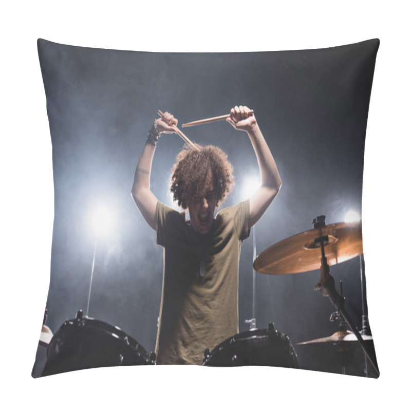 Personality  Curly Musician Shouting, While Holding Drumsticks And Sitting At Drum Kit With Backlit On Background Pillow Covers