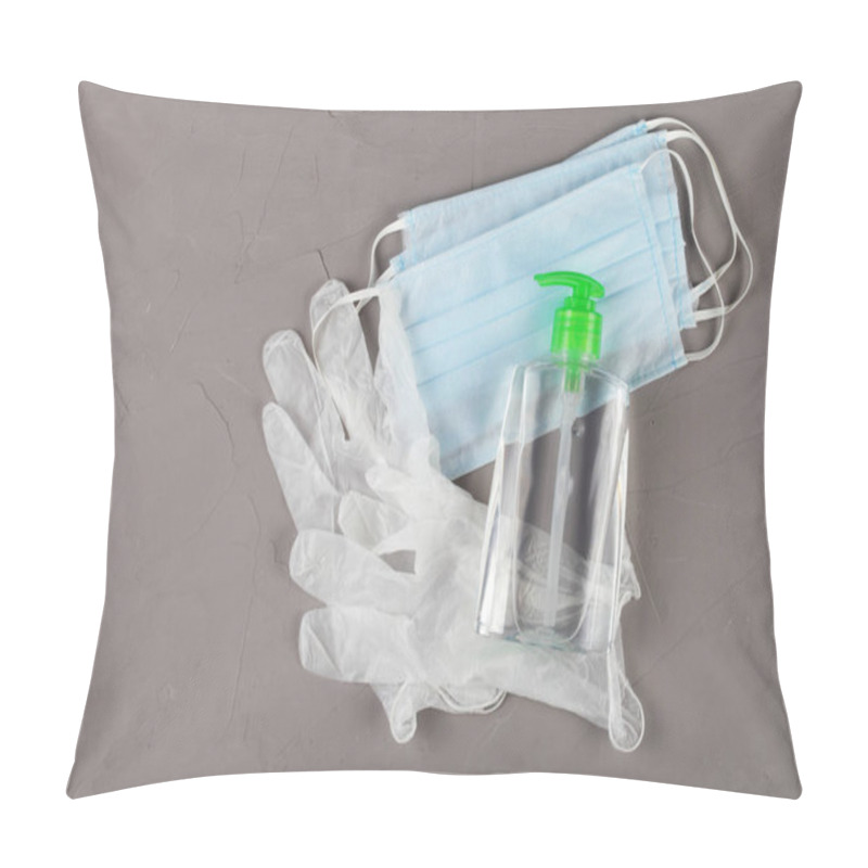 Personality  Coronavirus Concept, Disposable Gloves, Medical Masks And Antiseptics Lie On A Gray Background Pillow Covers