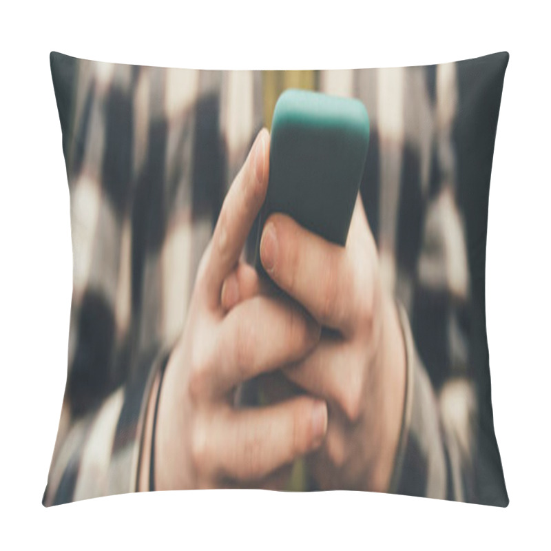 Personality  Cropped View Of Blurred Man Using Smartphone, Banner  Pillow Covers