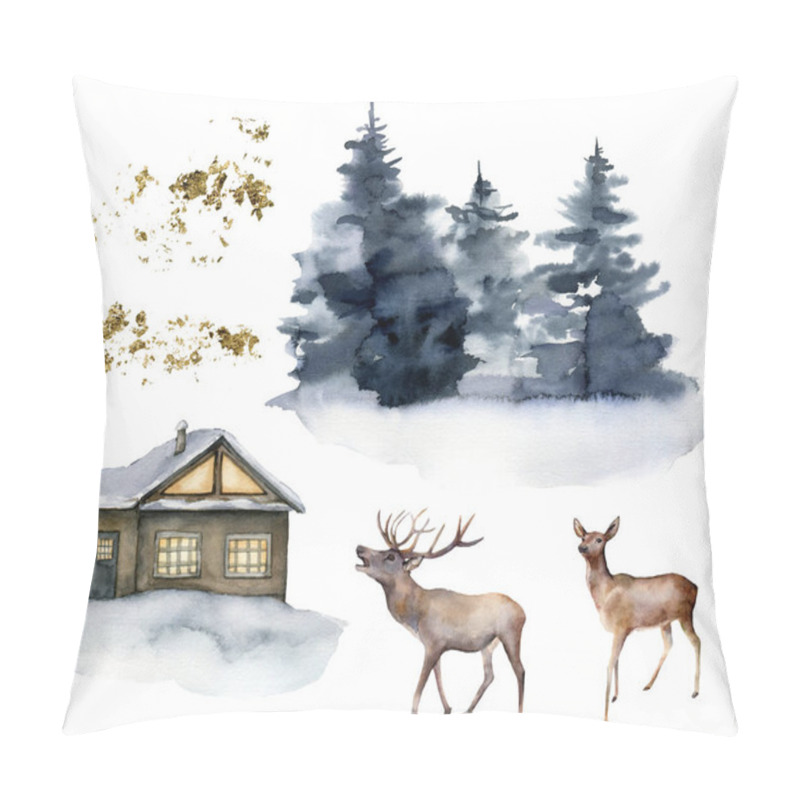 Personality  Watercolor Set With Deers, House And Winter Forest. Hand Painted Christmas Illustration With Animals And Fir Trees Isolated On White Background. For Design, Print, Fabric Or Background. Wildlife. Pillow Covers