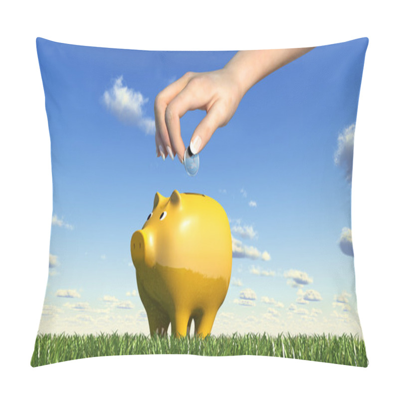 Personality  Woman Hand Inserting A Coin Into A Yellow Ceramic Piggy Bank Pla Pillow Covers