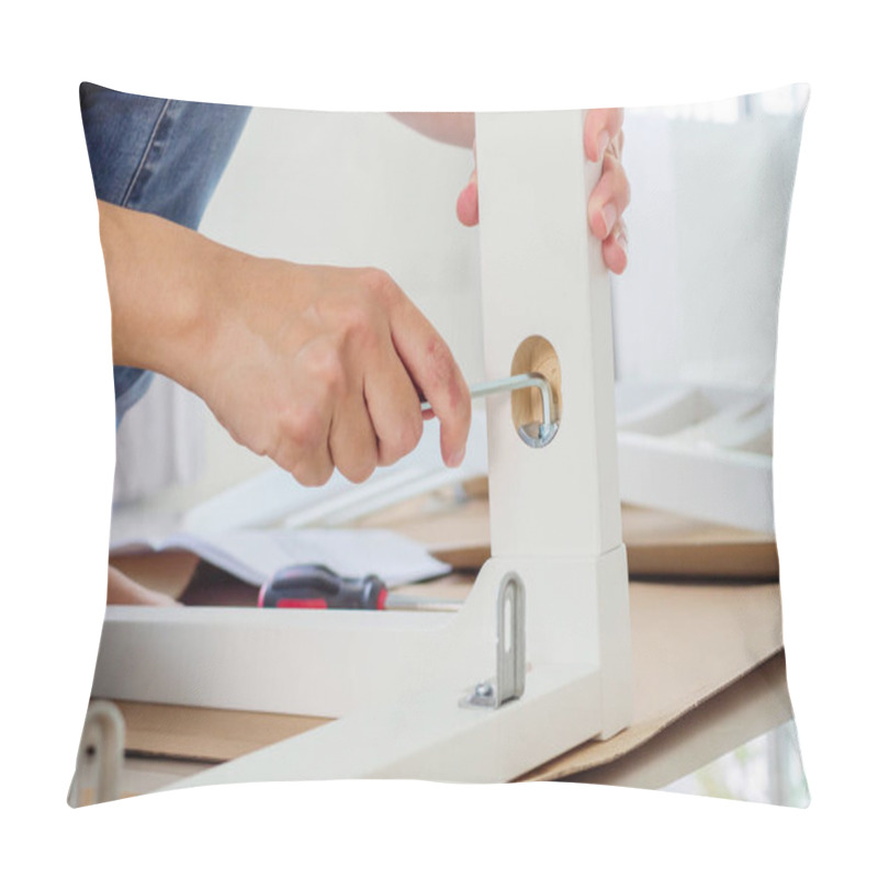 Personality  Man Assembling White Chair Furniture At Home Pillow Covers