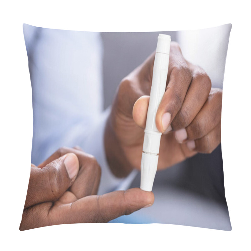 Personality  Close-up Of A Man's Hand Checking Blood Sugar Level With Glucometer Pillow Covers