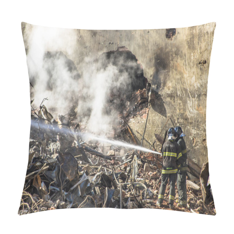 Personality  Sao Paulo, Brazil. May 04, 2018. Brazilian Firefighters And Machinery Remove Debris Where A 24-story Building Collapsed After A Fire In Downtown Sao Paulo, Brazil. The Wilton Paes De Almeida Building, Site Of The Former Headquarters Of The Federal Po Pillow Covers