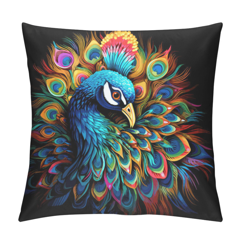 Personality  Portrait Of A Beautiful Peacock With The Feathers Of Its Tail Loosely Arranged In An Intricate And Colourful Pattern In A Decorative Vector Art Style On A Black Background. Pillow Covers