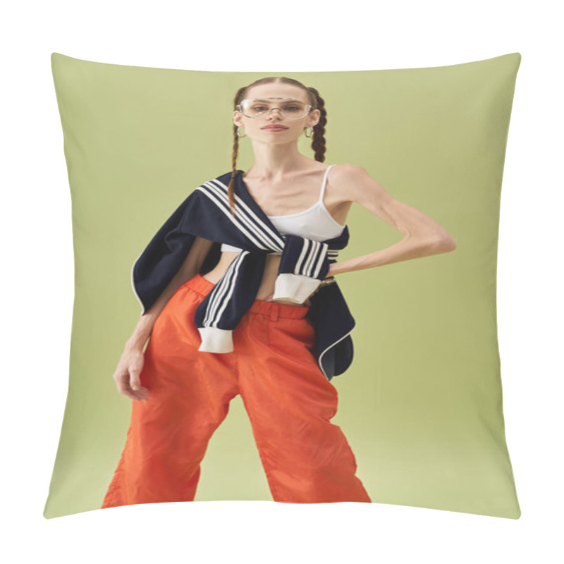 Personality  A Young Woman Stands Confidently, Highlighting Her Battle With Anorexia In A Colorful Setting. Pillow Covers