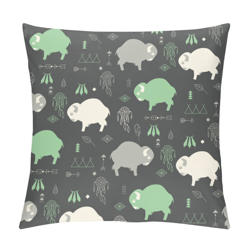 Personality  Seamless Pattern With Cute Baby Buffaloes And Native American Sy Pillow Covers