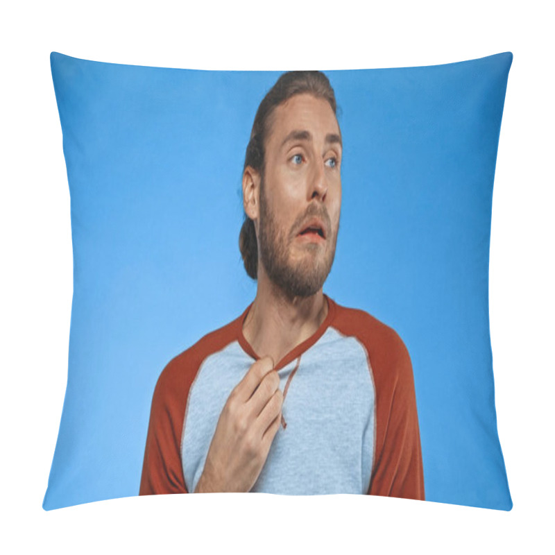 Personality  Sweaty Man Feeling Hot On Blue Background  Pillow Covers