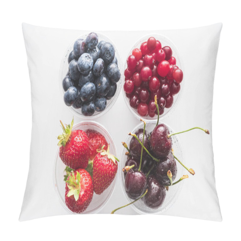 Personality  Top View Of Cranberries, Strawberries, Blueberries And Cherries In Plastic Cups  Pillow Covers