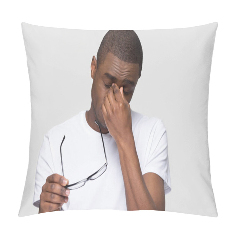 Personality  Tired African American Man Massaging Nose Bridge Taking Off Glasses Pillow Covers