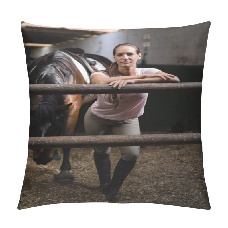 Personality  Female Jockey Standing With Horse Pillow Covers