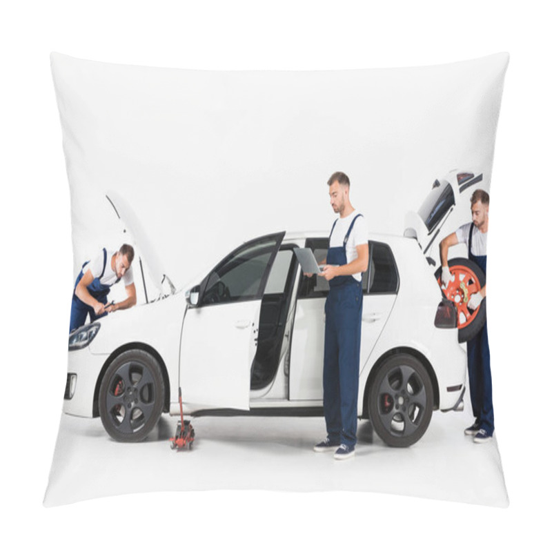 Personality  Auto Mechanic Taking Car Tire, Using Laptop And Looking In Open Car Hood On White Pillow Covers