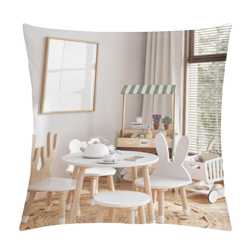 Personality  Mock Up Frame In Neutral Unisex Children Room Interior Background, 3D Render Pillow Covers