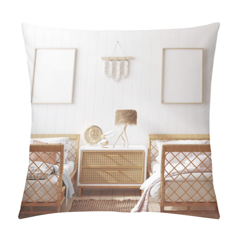 Personality  Mockup Frame In Children Bedroom With Wicker Furniture, Coastal Boho Style, 3d Render Pillow Covers