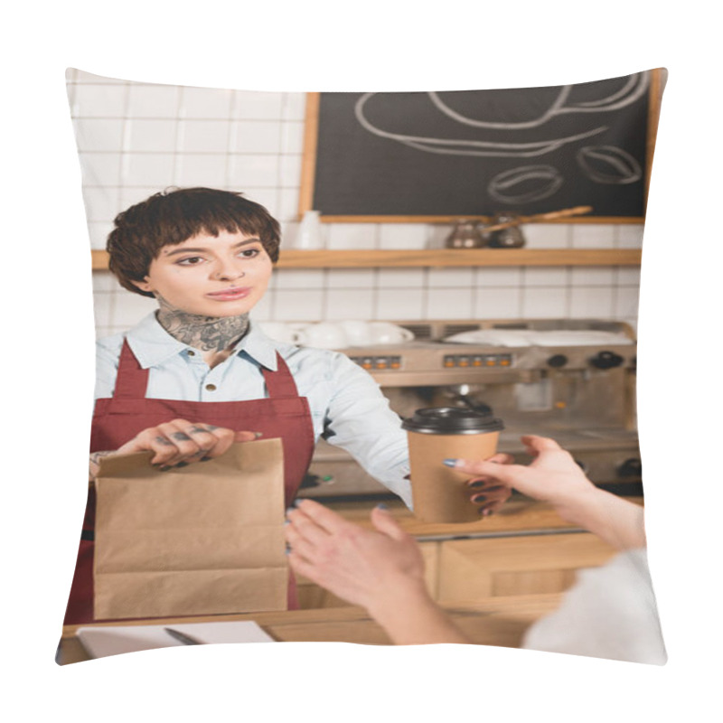 Personality  Pretty Smiling Barista Giving Paper Bag And Disposable Cup To Customer Pillow Covers