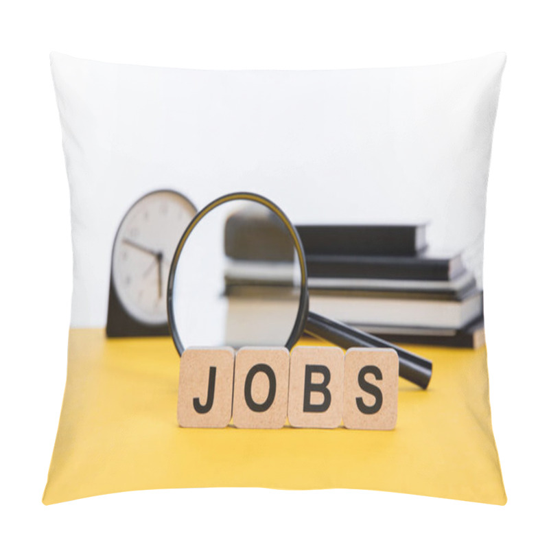 Personality  Cardboard Squares With Jobs Inscription Near Magnifying Glass, Copy Books And Clock On Yellow Surface Isolated On White Pillow Covers