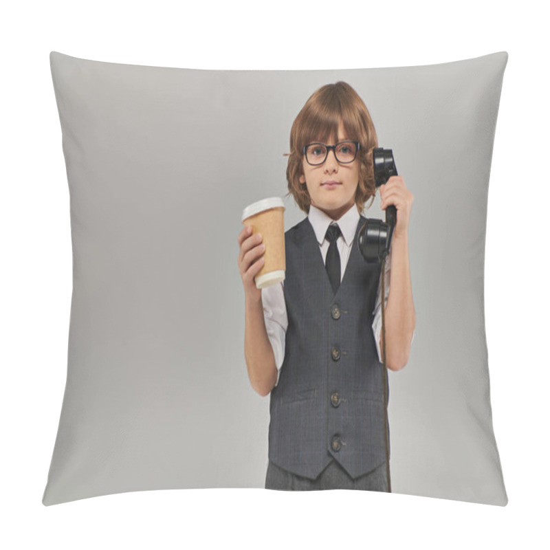 Personality  Elegant Boy In Glasses And Formal Attire Holding Retro Phone And Drink In Paper Cup On Grey Pillow Covers