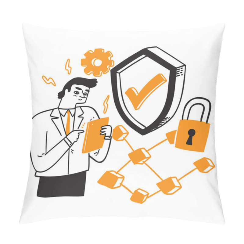 Personality  Infographic, Banner With Hero Protect Data And Confidentiality. Safety And Confidential Data Protection, Concept With Character Saving Code And Check Access. Hand Draw Vector Illustration. Pillow Covers